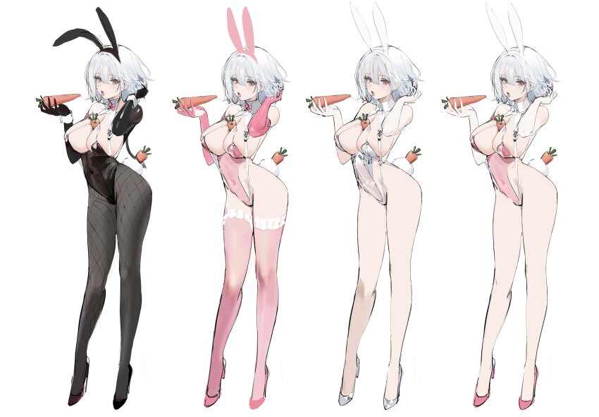 1girl :o absurdres animal_ears azur_lane between_breasts black_footwear black_gloves black_hairband black_leotard black_pantyhose bow breasts carrot concept_art covered_navel elbow_gloves fake_animal_ears fake_tail fishnet_pantyhose fishnets full_body gloves grey_footwear grey_hair grey_leotard hairband high_heels highres holding holding_carrot kincora leotard looking_at_viewer official_alternate_costume open_mouth pantyhose pink_bow pink_eyes pink_gloves pink_hairband pink_leotard pink_shoes pink_thighhighs rabbit_ears rabbit_tail saliva saliva_trail sexually_suggestive shoes simple_background sirius_(azur_lane) sirius_(rabbit_of_paradise)_(azur_lane) standing tail thighhighs tongue tongue_out variations white_background white_hairband