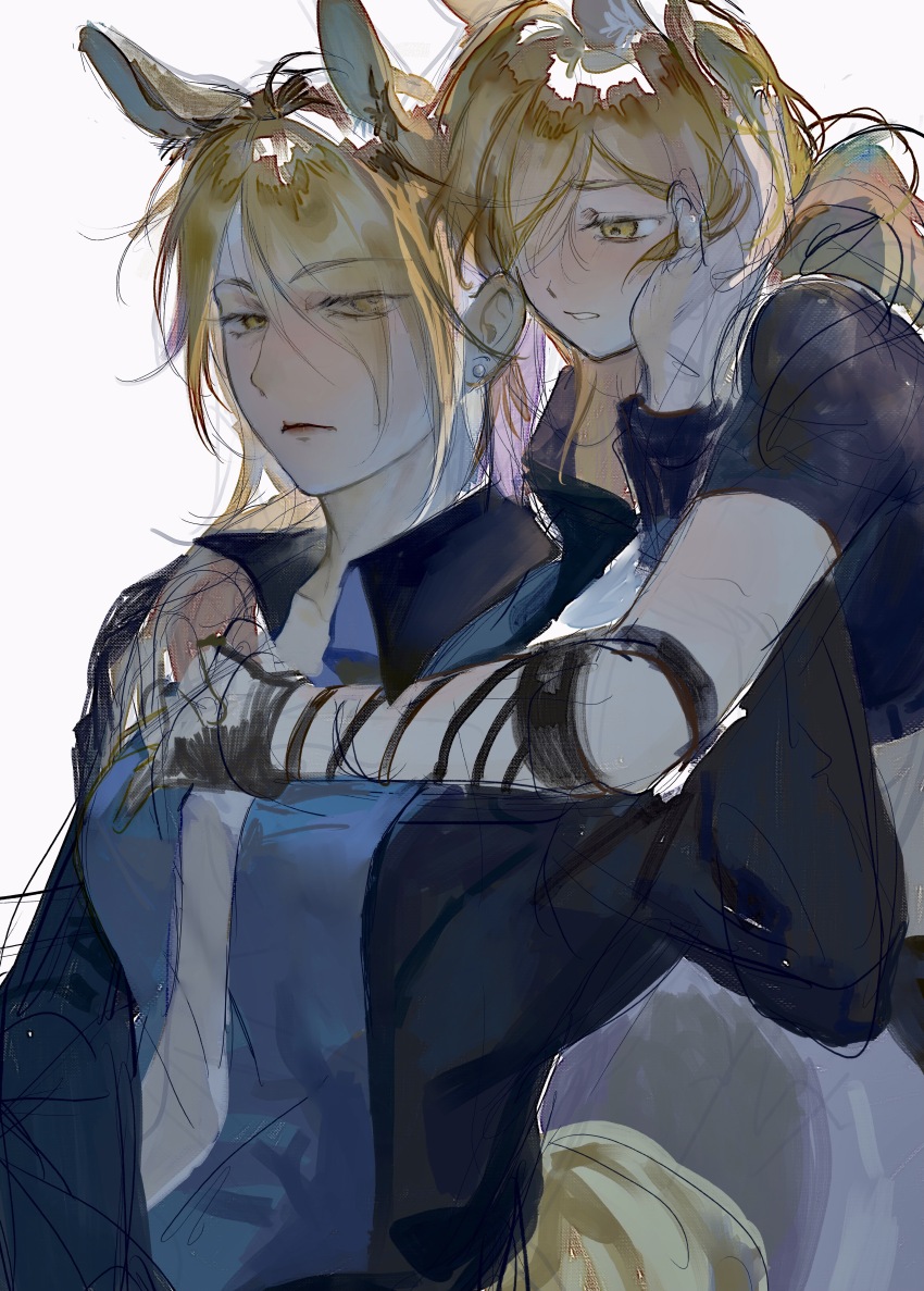 2girls absurdres arknights arms_around_neck blonde_hair blue_shirt blush chinese_commentary closed_mouth collared_shirt commentary_request genderswap genderswap_(mtf) hair_over_one_eye hand_on_another&#039;s_cheek hand_on_another&#039;s_face highres horse_girl horse_tail long_sleeves mlynar_(arknights) multiple_girls nearl_(arknights) necktie open_mouth patient51311752 shirt short_sleeves sketch tail white_necktie yellow_eyes