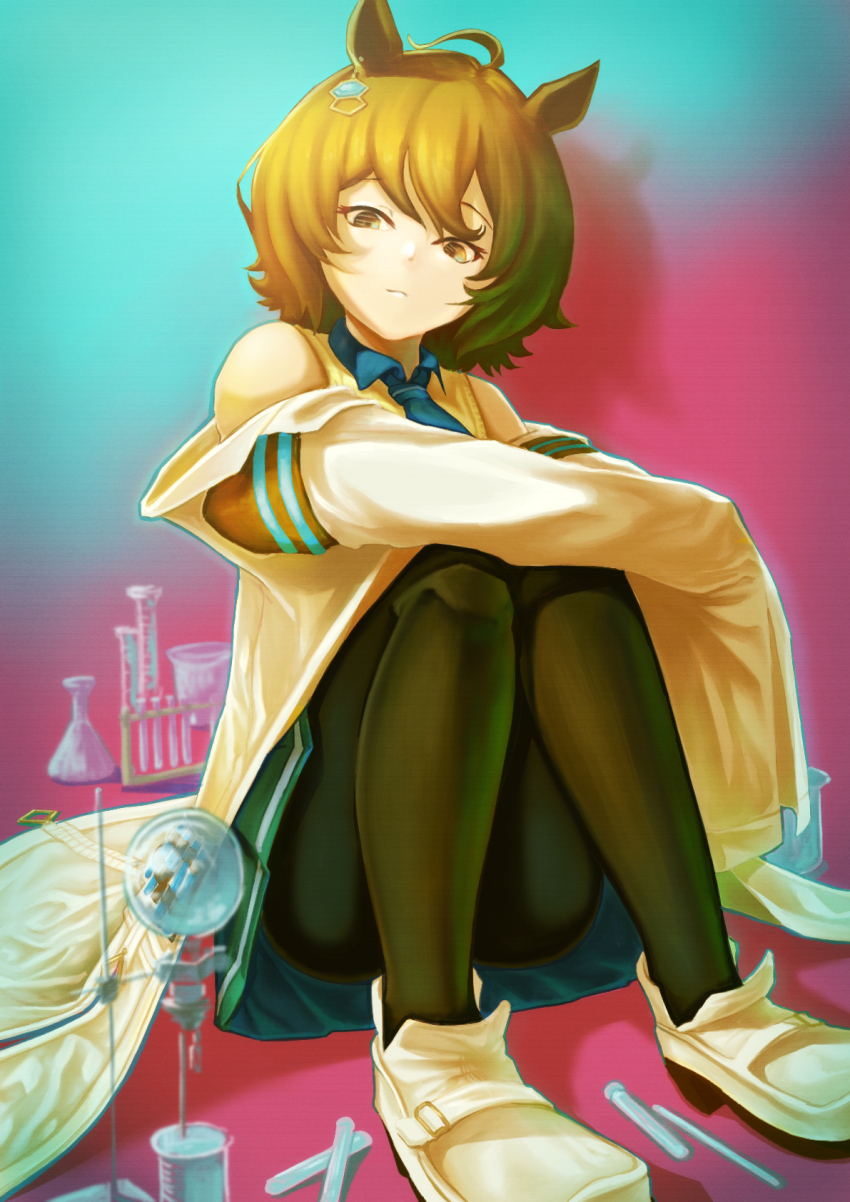 1girl agnes_tachyon_(umamusume) ahoge animal_ears bare_shoulders beaker black_pantyhose blue_necktie blue_skirt blurry brown_eyes brown_hair closed_mouth collared_shirt depth_of_field erlenmeyer_flask flask highres horse_ears horse_girl knees_up lab_coat long_sleeves miniskirt necktie nickname_(artist) pantyhose retort_stand round-bottom_flask shadow shirt shoes short_hair sitting skirt sleeves_past_fingers sleeves_past_wrists solo sweater test_tube umamusume white_shoes yellow_sweater