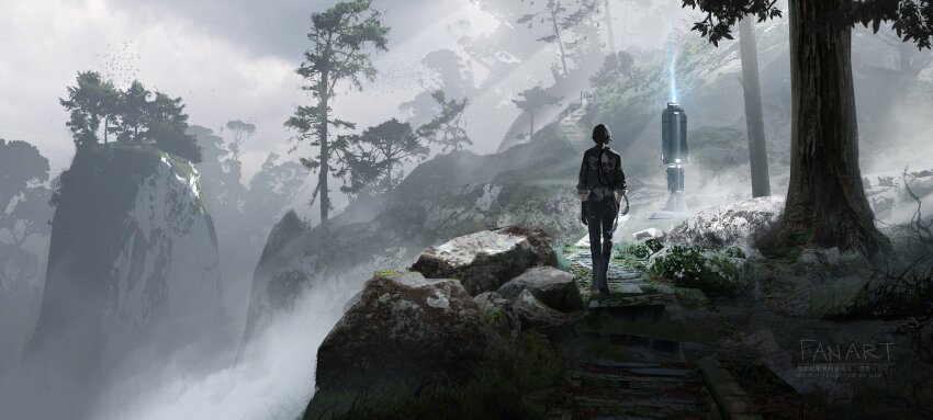 1boy asteroid_ill beacon bird black_hair black_jacket black_pants cloud cloudy_sky collared_jacket commentary_request from_behind gloves grass highres jacket long_hair low-tied_long_hair male_rover_(wuthering_waves) outdoors pants rock rover_(wuthering_waves) scenery sky sleeves_rolled_up solo stairs standing tree wide_shot wuthering_waves