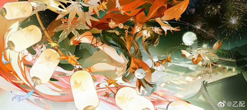 2girls ankle_ribbon aqua_wings architecture autumn autumn_leaves bare_shoulders barefoot battle bird_wings black_hakama black_sandals brown_hair character_request chinese_commentary closed_mouth commentary_request detached_sleeves east_asian_architecture embers eyelashes facial_mark feathered_wings fireworks flying forehead_mark full_body hakama hakama_skirt head_wings highres japanese_clothes kimono lantern leaf leaning_forward leg_ribbon long_hair long_sleeves multiple_girls night night_sky onmyoji outdoors paper_lantern red_kimono red_ribbon ribbon rope sandals short_kimono skirt sky star_(sky) starry_sky towel tree very_long_hair watermark weibo_watermark white_hair white_kimono white_sleeves wide_sleeves wings yellow_eyes yipei