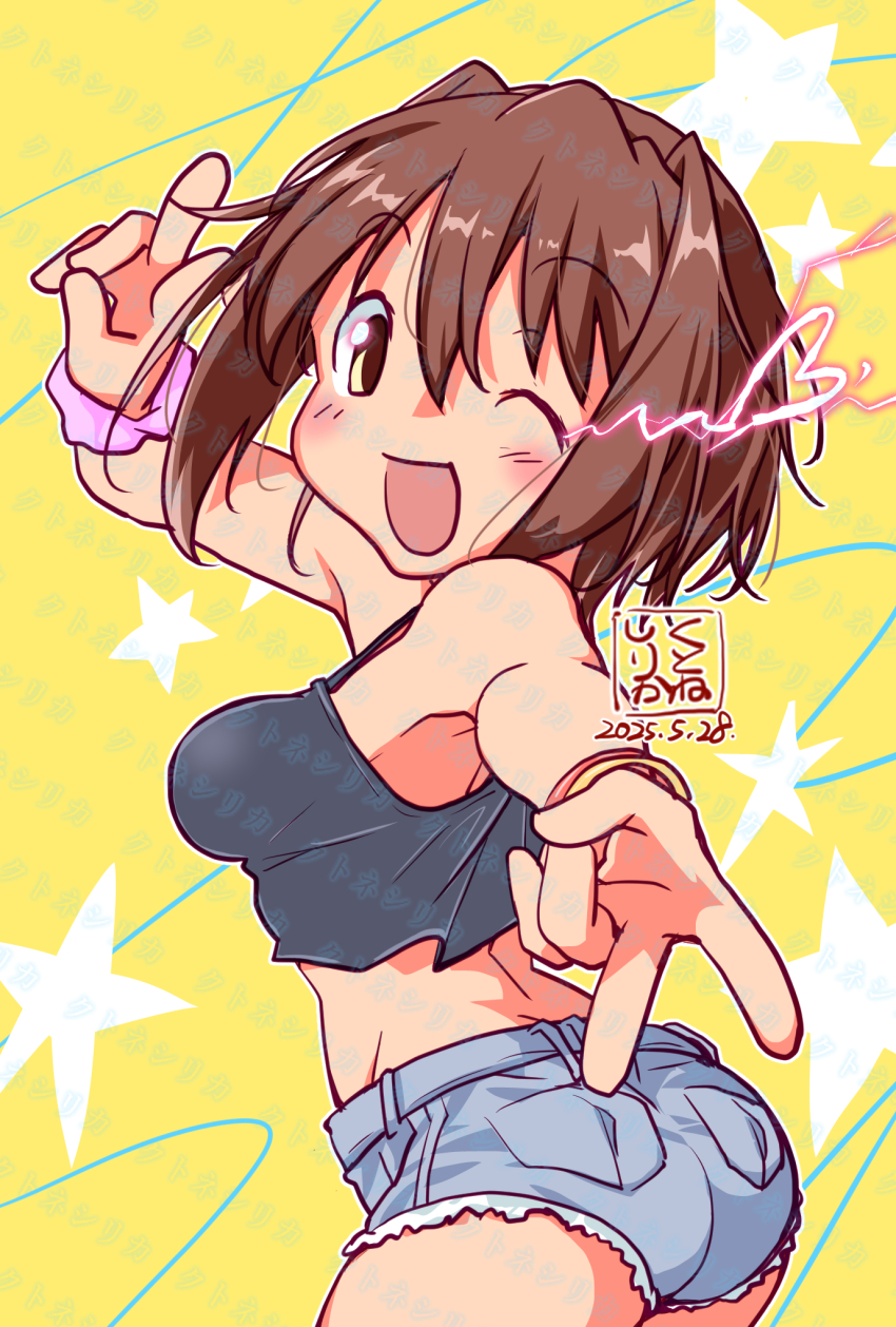 1girl alternate_costume artist_logo ass black_tank_top blue_shorts brown_eyes brown_hair cowboy_shot cutoffs dated denim denim_shorts furutaka_(kancolle) gyaru_v highres kantai_collection kutone_shirika logo one_eye_closed short_hair shorts smile solo standing tank_top v