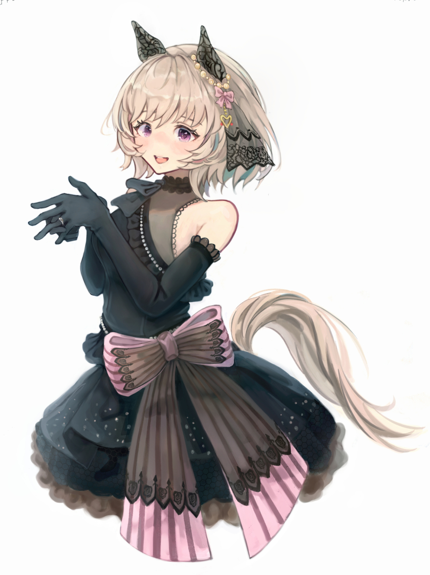 1girl animal_ears black_dress black_gloves blush bow breasts commentary cowboy_shot curren_chan_(sakutsuki_ma_cherie)_(umamusume) curren_chan_(umamusume) dress ear_covers ear_ornament elbow_gloves gloves grey_hair highres horse_ears horse_girl horse_tail medium_breasts official_alternate_costume open_mouth pink_bow purple_eyes short_hair simple_background single_bare_shoulder smile solo suke_omi tail teeth umamusume upper_teeth_only white_background