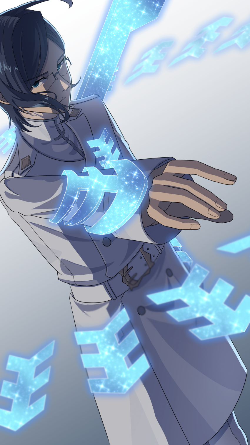1boy absurdres belt black-framed_eyewear black_hair bleach bleach:_sennen_kessen-hen blue_eyes closed_mouth coat commentary dutch_angle energy_wings feet_out_of_frame fighting_stance floating_hair glasses highres incoming_attack ishida_uryuu long_sleeves looking_at_viewer male_focus natsuhi_wa nose official_alternate_costume outstretched_arm parted_bangs serious shirt short_hair solo sparkle standing turtleneck v-shaped_eyebrows vollstandig white_belt white_coat white_shirt