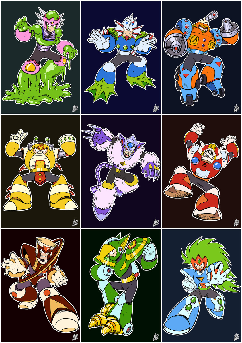6+boys absurdres arm_cannon capcom claws full_body green_hair helmet highres jupiter_(mega_man) male_focus mars_(mega_man) mega_man_(classic) mega_man_(series) mega_man_v mercury_(mega_man) multiple_boys neptune_(mega_man) no_humans no_mouth non-humanoid_robot pluto_(mega_man) red_eyes robot robot_ears saturn_(mega_man) slime terra_(mega_man) uranus_(mega_man) venus_(mega_man) weapon