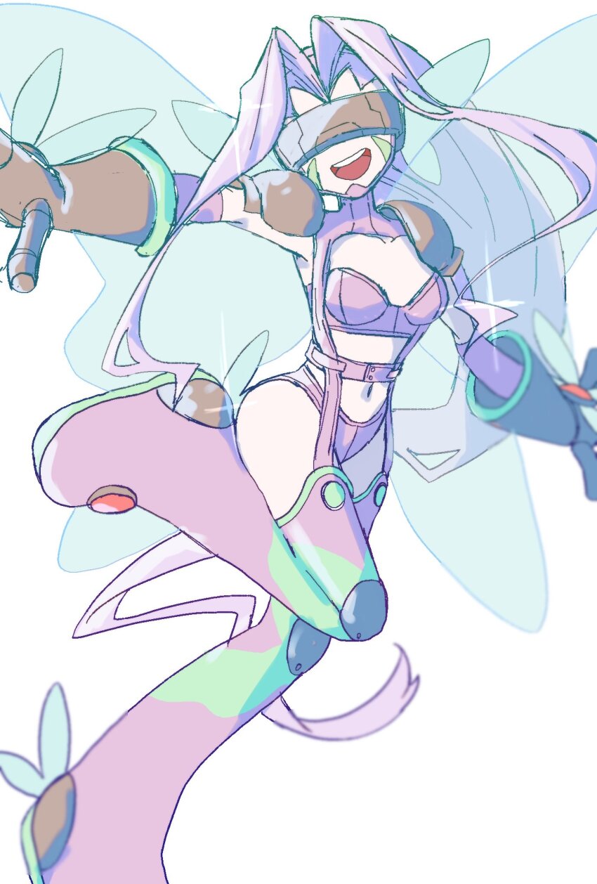 1girl blurry blurry_background boots digimon digimon_(creature) digimon_frontier fairimon full_body head-mounted_display highres long_hair megane_mochi multiple_wings purple_boots purple_hair revealing_clothes simple_background solo thigh_boots white_background wings