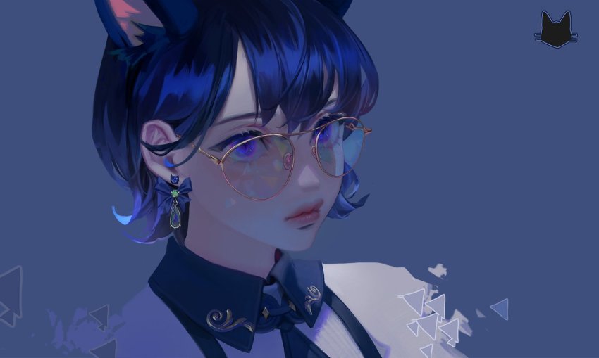 1girl blue_background blue_bow blue_eyes blue_hair blue_theme bow cat_earrings collared_shirt commentary earrings english_commentary hair_behind_ear looking_at_viewer original portrait shirt short_hair solo sunglasses thick_lips white_shirt wowmoto2