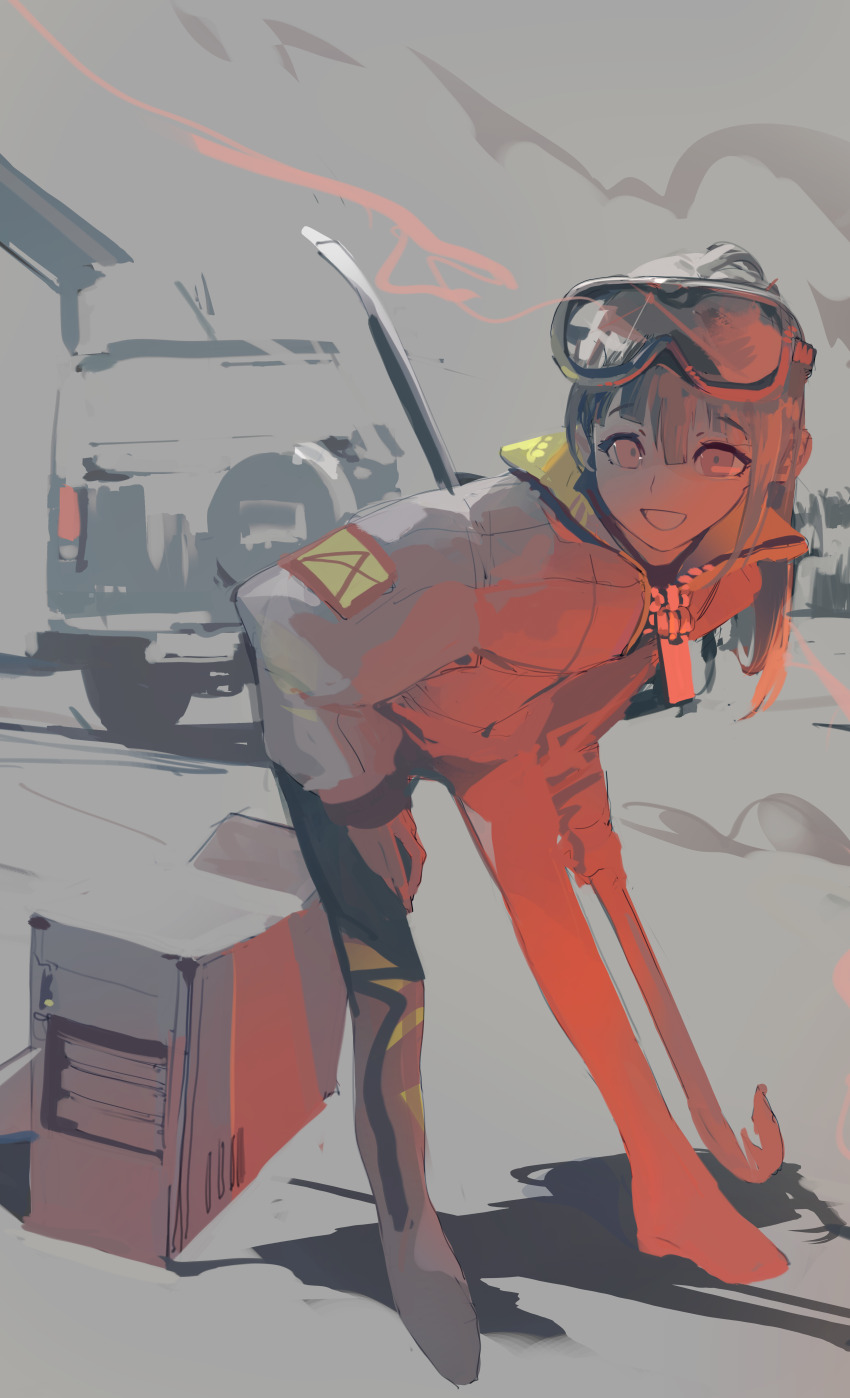 1girl absurdres breasts car coat crowbar goggles grey_background highres holding holding_crowbar jacket leaning_forward looking_at_viewer motor_vehicle original pantyhose pantyhose_around_one_leg polilla red_lightning single_bare_leg ski_goggles solo solo_focus spare_tire sports_utility_vehicle tagme unused_tire winter_clothes winter_coat zipper zipper_pull_tab