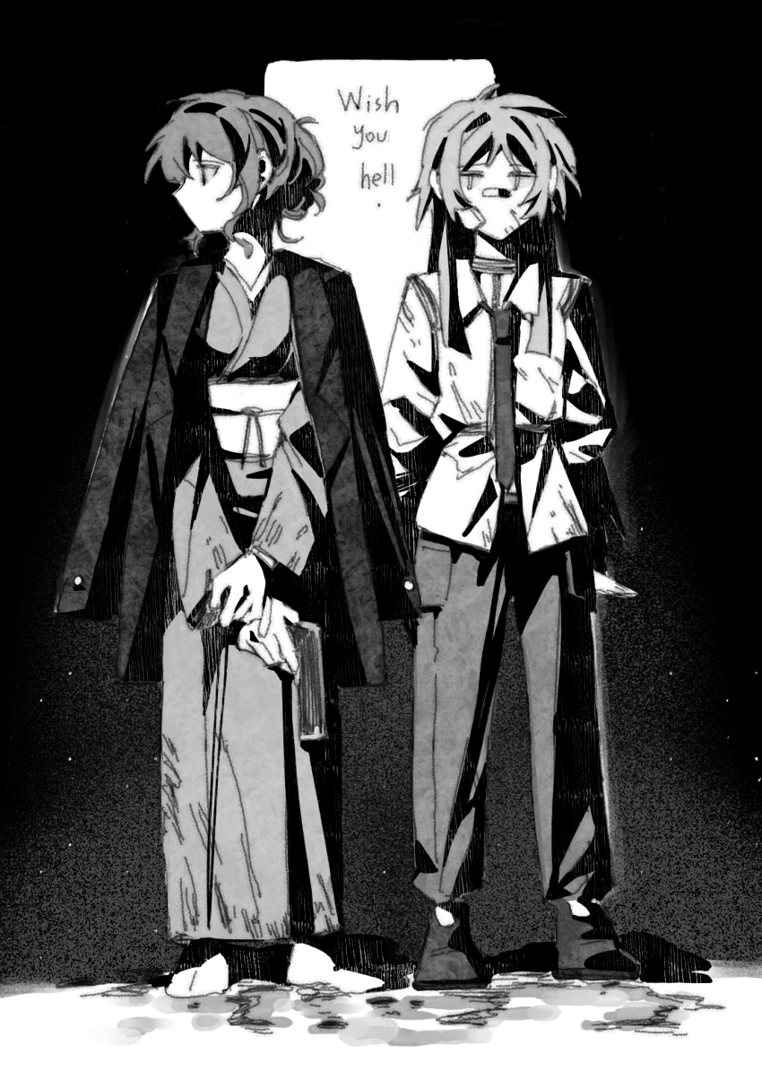 2girls arms_behind_back bandaid bandaid_on_face bang_dream! bang_dream!_it&#039;s_mygo!!!!! chihaya_anon chinese_commentary collared_shirt commentary_request commission english_text greyscale gun handgun highres holding holding_gun holding_weapon jacket jacket_on_shoulders japanese_clothes kimono lanserongjie long_hair long_sleeves monochrome multiple_girls nagasaki_soyo necktie obi pants revision sash second-party_source shirt short_hair sidelocks standing weapon