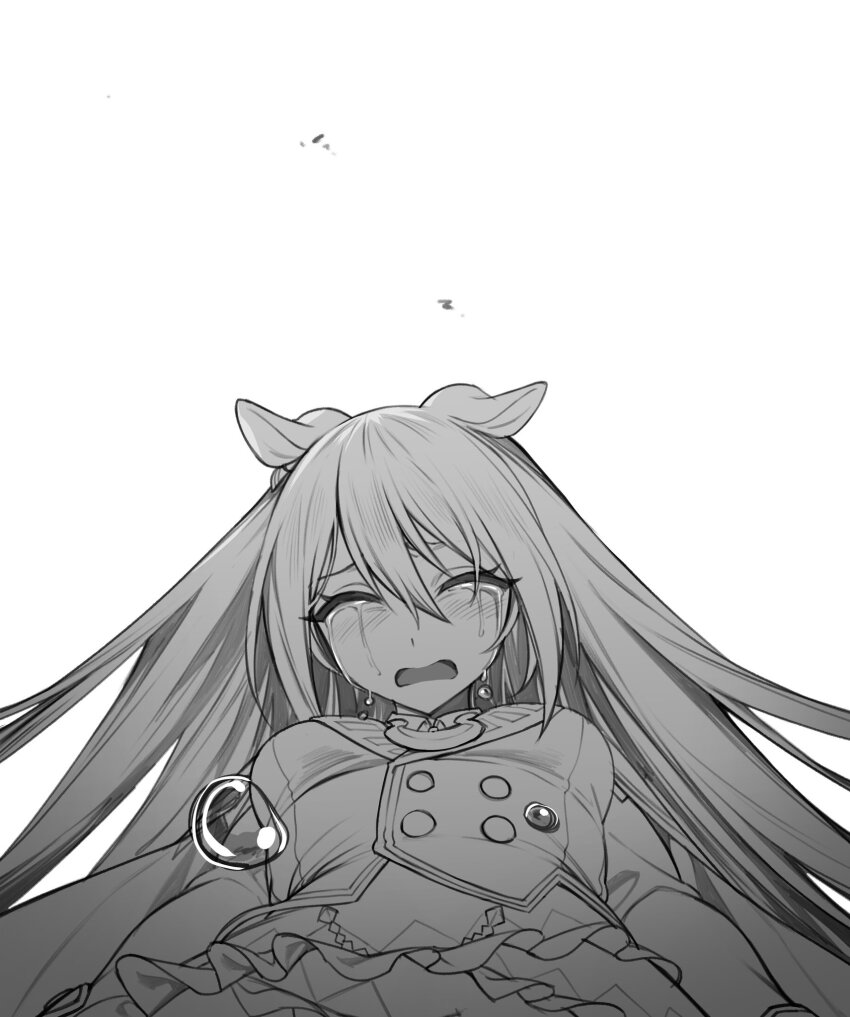 2girls animal_ears commentary crying deep_impact_(umamusume) ears_down from_below fukuro_(maruaru00) greyscale hair_between_eyes highres horse_ears horse_girl long_hair monochrome multiple_girls sad skirt solo streaming_tears teardrop tears umamusume upper_body