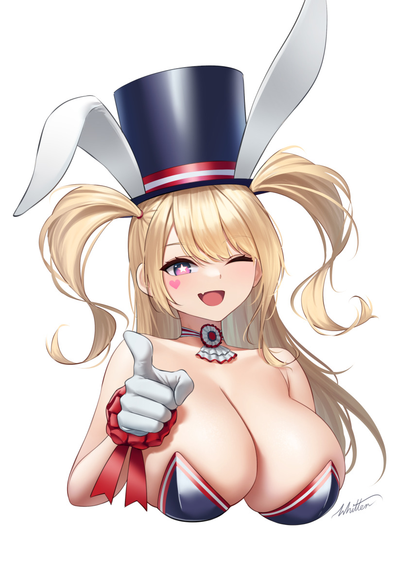 +_+ 1girl ;d absurdres animal_ears azur_lane bare_shoulders black_leotard blonde_hair breasts choker cleavage collarbone commentary cropped_torso facial_mark fake_animal_ears fang gloves guam_(azur_lane) guam_(stage-setting_charmer)_(azur_lane) hat heart heart_facial_mark highres i_want_you large_breasts leotard long_hair looking_at_viewer official_alternate_costume one_eye_closed open_mouth playboy_bunny pointing pointing_at_viewer rabbit_ears sidelocks signature simple_background skin_fang smile solo strapless strapless_leotard top_hat two_side_up undersized_breast_cup upper_body very_long_hair white_background white_gloves whitter