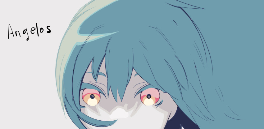 1girl angela_(project_moon) blue_hair close-up eye_focus highres library_of_ruina long_hair looking_at_viewer madotsuki_ren project_moon shaded_face solo very_long_hair yellow_eyes