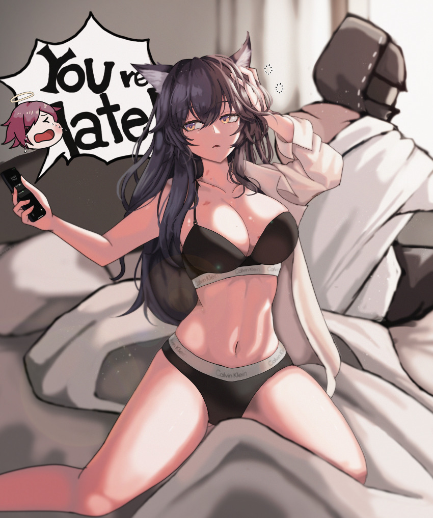 1boy 1girl absurdres animal_ear_fluff animal_ears arknights black_bra black_hair black_panties bra breasts calvin_klein cellphone clothes_writing doctor_(arknights) exusiai_(arknights) gomsang-oh hickey highres holding holding_phone implied_after_sex linea_alba long_hair male_doctor_(arknights) navel on_bed panties phone smartphone squeans tail talking_on_phone texas_(arknights) underwear underwear_writing wolf_ears wolf_girl wolf_tail yellow_eyes