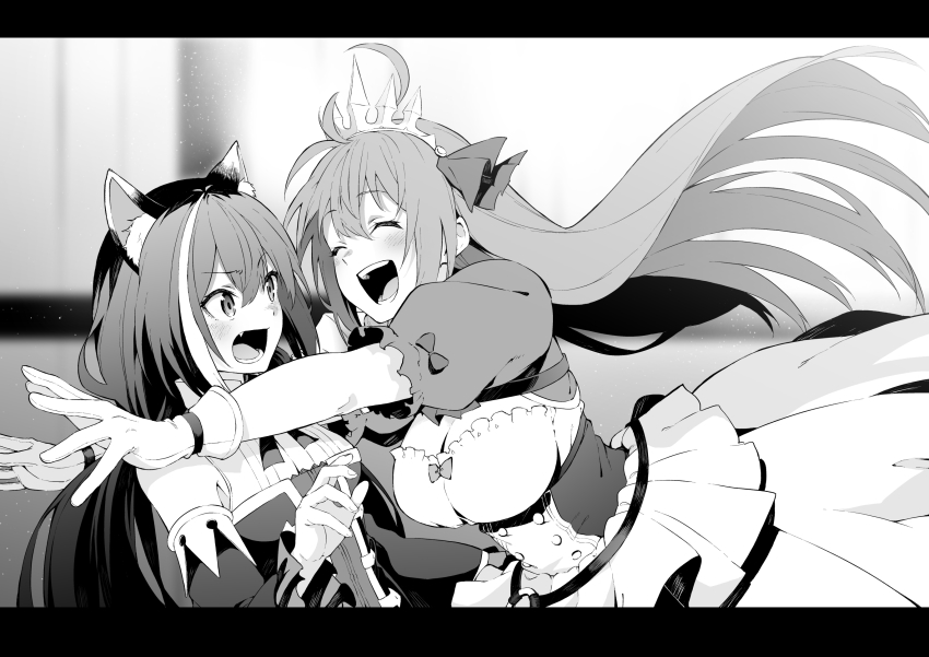 2girls ^_^ ahoge animal_ear_fluff animal_ears blush breasts cat_ears cleavage closed_eyes detached_sleeves dress fang gloves greyscale hair_between_eyes hair_ribbon highres hug karyl_(princess_connect!) letterboxed long_hair medium_breasts monochrome multicolored_hair multiple_girls open_mouth pecorine_(princess_connect!) princess_connect! ribbon short_sleeves skirt smile streaked_hair tiara tsukamoto_minori upper_body