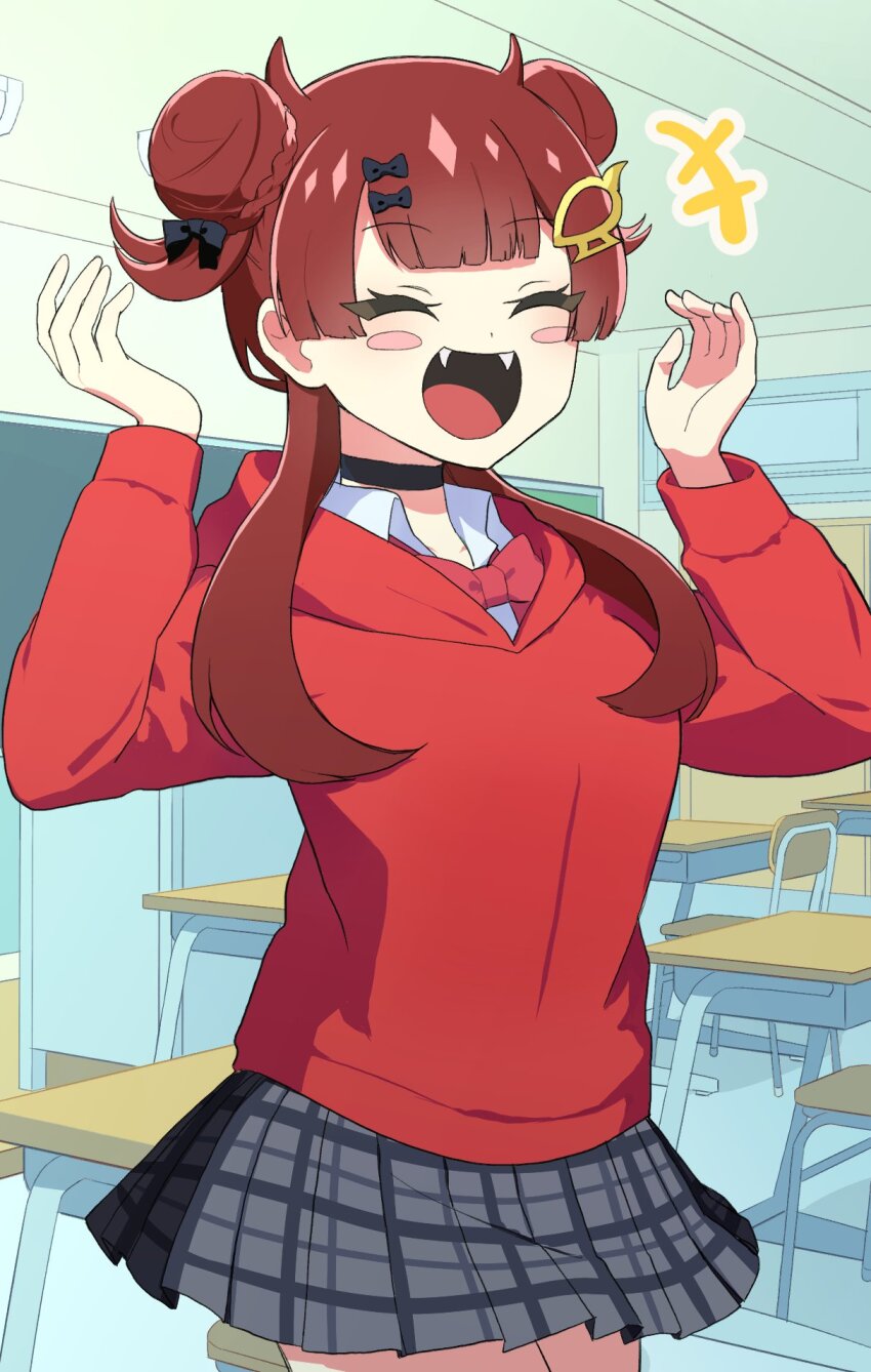 +++ 1girl anime_coloring arms_up artist_request black_choker black_ribbon black_skirt blurry blush_stickers bow breasts brown_hair chalkboard choker classroom desk double_bun dragon_musume_ni_naritakunai! duel_masters fang hair_bun hair_ornament hair_ribbon highres hood hoodie indoors long_sidelocks looking_at_viewer maguma_mega miniskirt official_art open_mouth plaid_clothes plaid_skirt red_bow red_hair red_hoodie ribbon school_desk shirt sidelocks skirt smile socks sparkle standing upper_body white_shirt