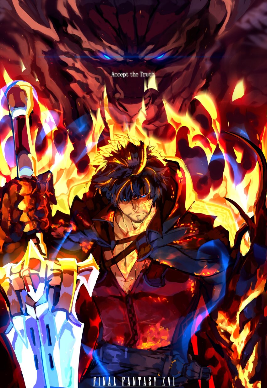 1boy absurdres beard black_cape black_hair blue_eyes blue_fire burning burning_clothes cape chinstrap_beard clive_rosfield copyright_name cowboy_shot dragon english_text facial_hair fiery_aura final_fantasy final_fantasy_xvi fire funnismonkis glowing glowing_eyes highres holding holding_sword holding_weapon male_focus short_hair sword weapon
