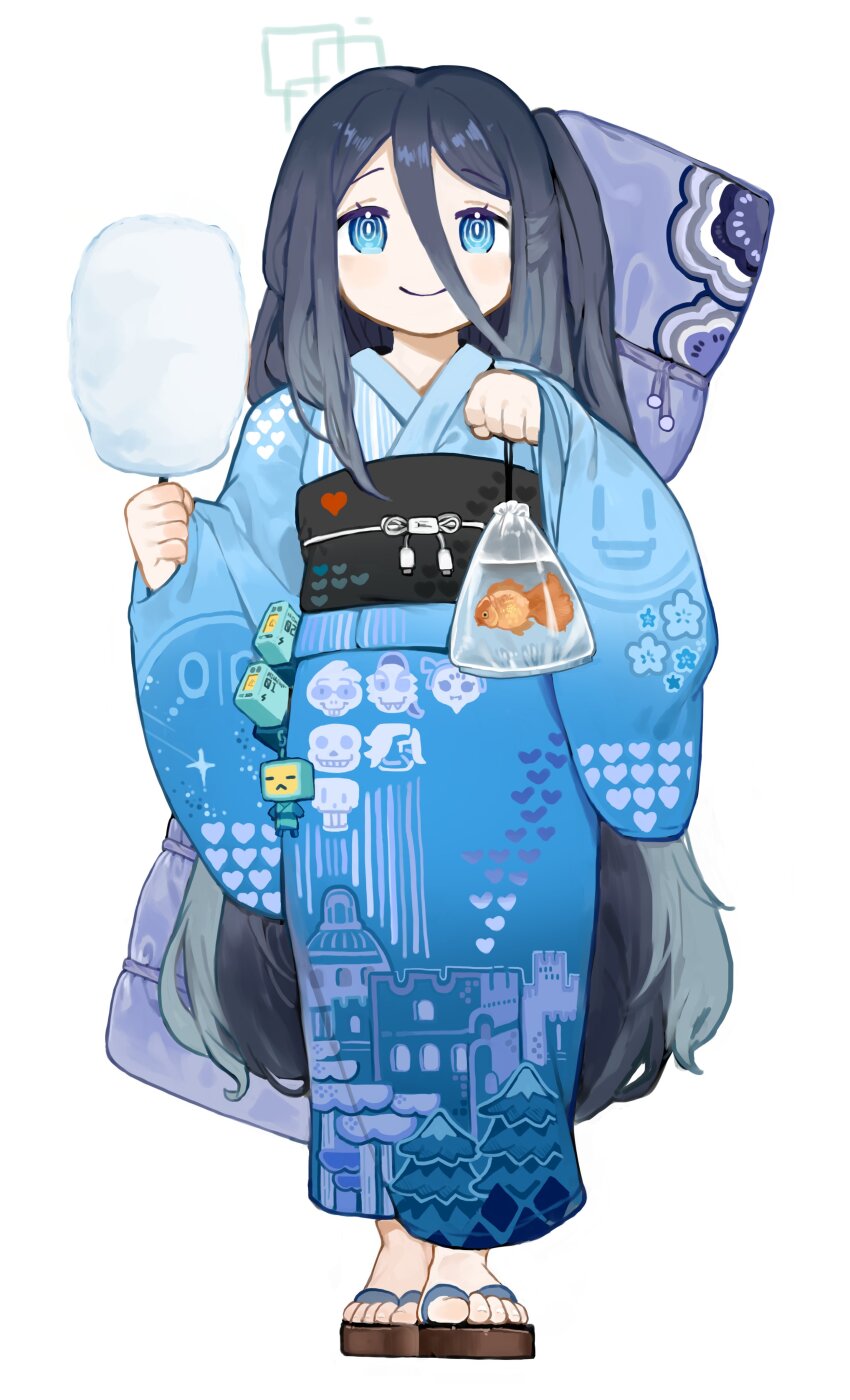 1girl absurdres alphys alternate_costume aris_(blue_archive) bag bagged_fish black_hair blue_archive blue_eyes character_print closed_mouth commentary cotton_candy fish flowey_(undertale) food full_body geta goldfish hair_between_eyes halo highres holding holding_cotton_candy holding_food japanese_clothes kimono long_bangs long_hair long_hair_between_eyes looking_at_viewer menthako mettaton mettaton_ex muffet no_socks obi obijime papyrus_(undertale) print_kimono sandals sans_(undertale) sash simple_background solo standing straight-on symbol-only_commentary undertale undyne very_long_hair white_background yukata zouri