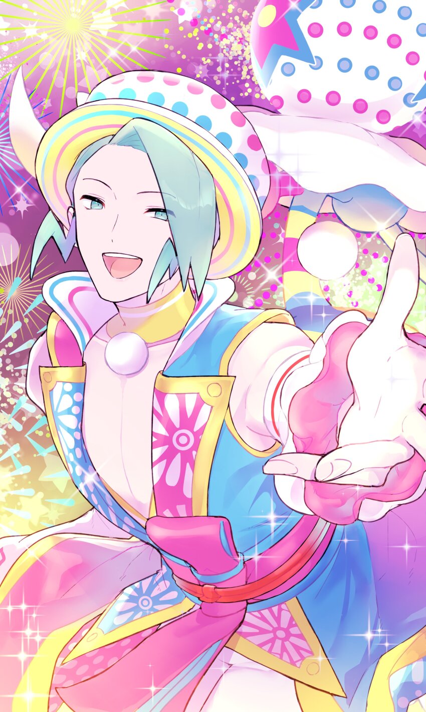 1boy :d absurdres blacephalon choker commentary detached_sleeves fireworks gen_7_pokemon green_eyes green_hair happy hat highres looking_at_viewer male_focus nintendo official_alternate_costume open_mouth outstretched_hand pink_sash pokemon pokemon_(creature) pokemon_masters_ex sash short_hair smile sparkle symbol-only_commentary teeth tongue tudurimike ultra_beast upper_teeth_only wallace_(new_year&#039;s_2024)_(pokemon) wallace_(pokemon) white_headwear yellow_choker