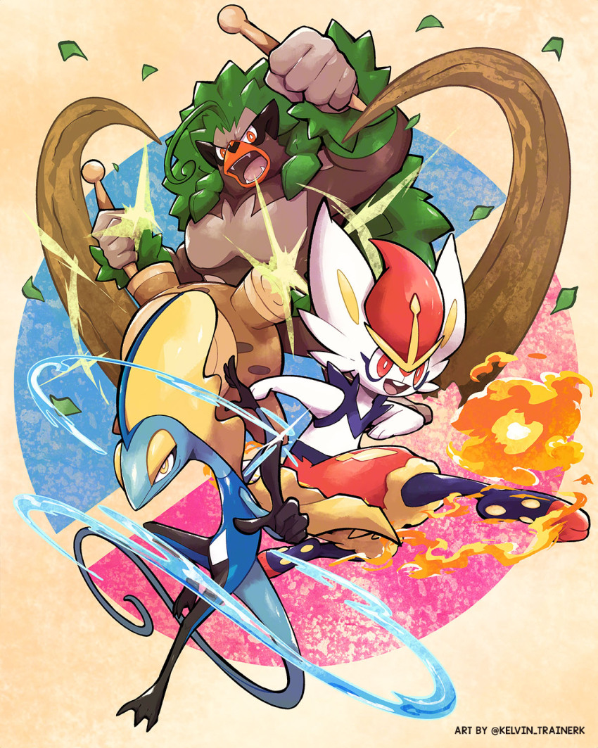 bright_pupils cinderace commentary falling_leaves fireball gen_8_pokemon highres inteleon kelvin-trainerk leaf nintendo open_mouth orange_eyes pokemon pokemon_(creature) red_eyes rillaboom teeth tongue twitter_username upper_teeth_only water white_pupils yellow_eyes