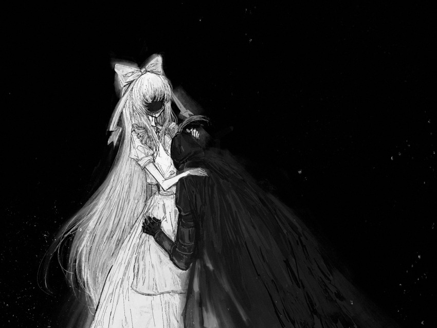 1boy 1girl 28_(rrwknrqr) alice_(black_souls) apron armor black_background black_liquid black_souls black_souls_2 cape dress frilled_apron frills full_armor gauntlets greyscale grimm_(black_souls) hair_ribbon hand_on_another&#039;s_head hand_on_another&#039;s_leg hand_on_another&#039;s_shoulder head_on_chest helmet highres hole_in_face long_hair monochrome puffy_short_sleeves puffy_sleeves ribbon short_sleeves very_long_hair white_apron