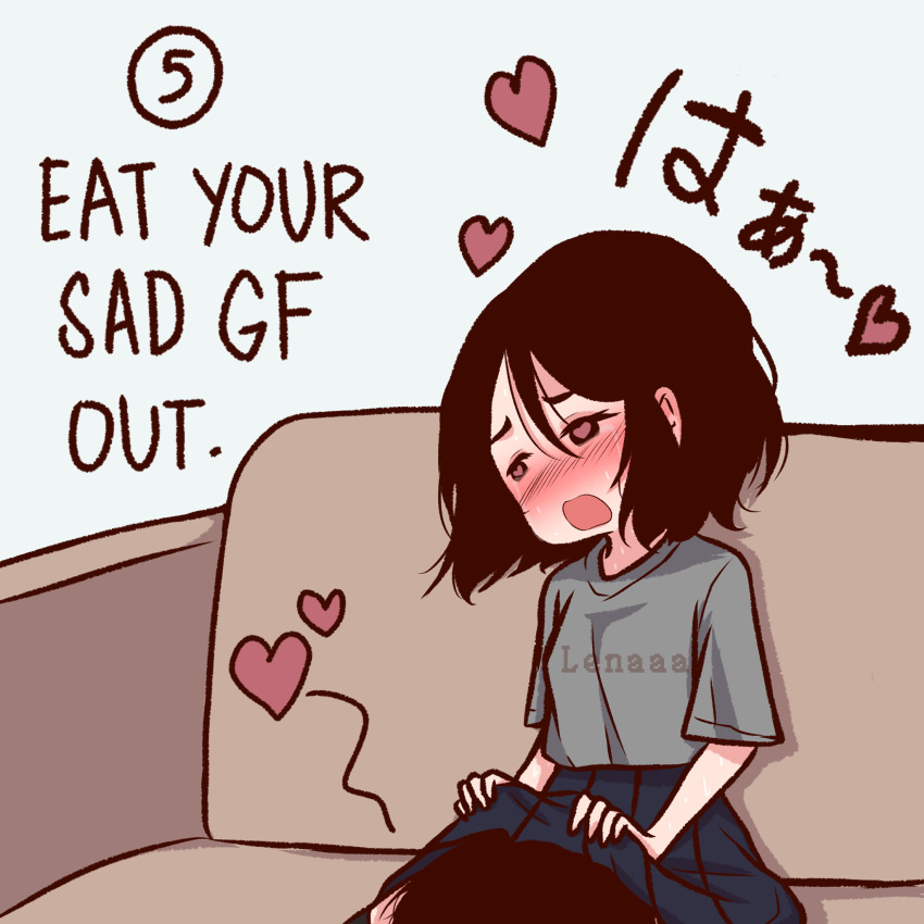 1boy 1girl black_eyes black_hair black_shirt blush breasts brown_hair cunnilingus english_text hair_between_eyes hetero highres holding lenaleechi long_hair non-web_source open_mouth oral original shirt short_sleeves skirt solo t-shirt