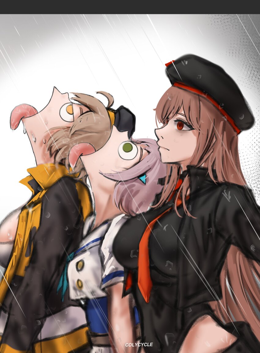 3girls absurdres anis_(nikke) artist_name black_hat black_leotard blonde_hair breasts brown_hair closed_mouth colycycle counters_(nikke) covered_navel goddess_of_victory:_nikke goku_and_vegeta_in_the_rain_(meme) green_eyes hat highres jacket large_breasts leotard looking_up medium_breasts meme multiple_girls necktie neon_(nikke) open_clothes open_jacket open_mouth rain rapi_(nikke) red_eyes red_necktie simple_background tongue tongue_out water_drop white_hair yellow_eyes