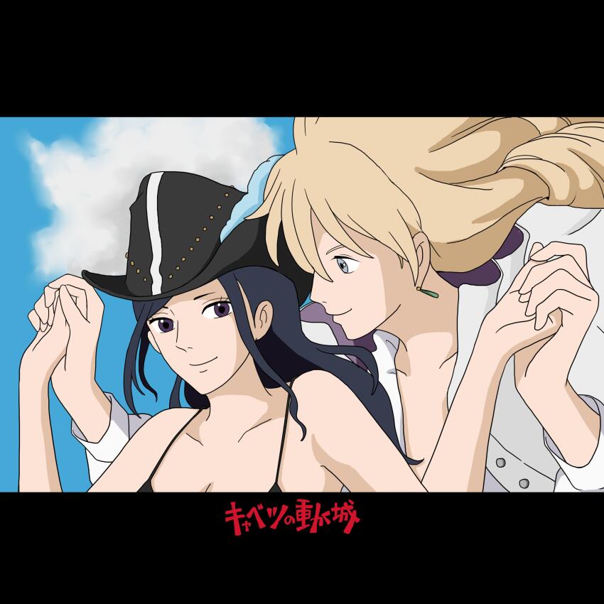 1boy 1girl absurdres black_hat blue_eyes blue_sky cavendish_(one_piece) cloud coat commentary_request cosplay drill_hair earrings hat highres holding_hands howl_pendragon howl_and_sophie_airwalking howl_no_ugoku_shiro howl_pendragon_(cosplay) jewelry letterboxed long_hair nico_robin one_piece outdoors sidelocks sky sophie_hatter sophie_hatter_(cosplay) upper_body white_coat yuri_kohi