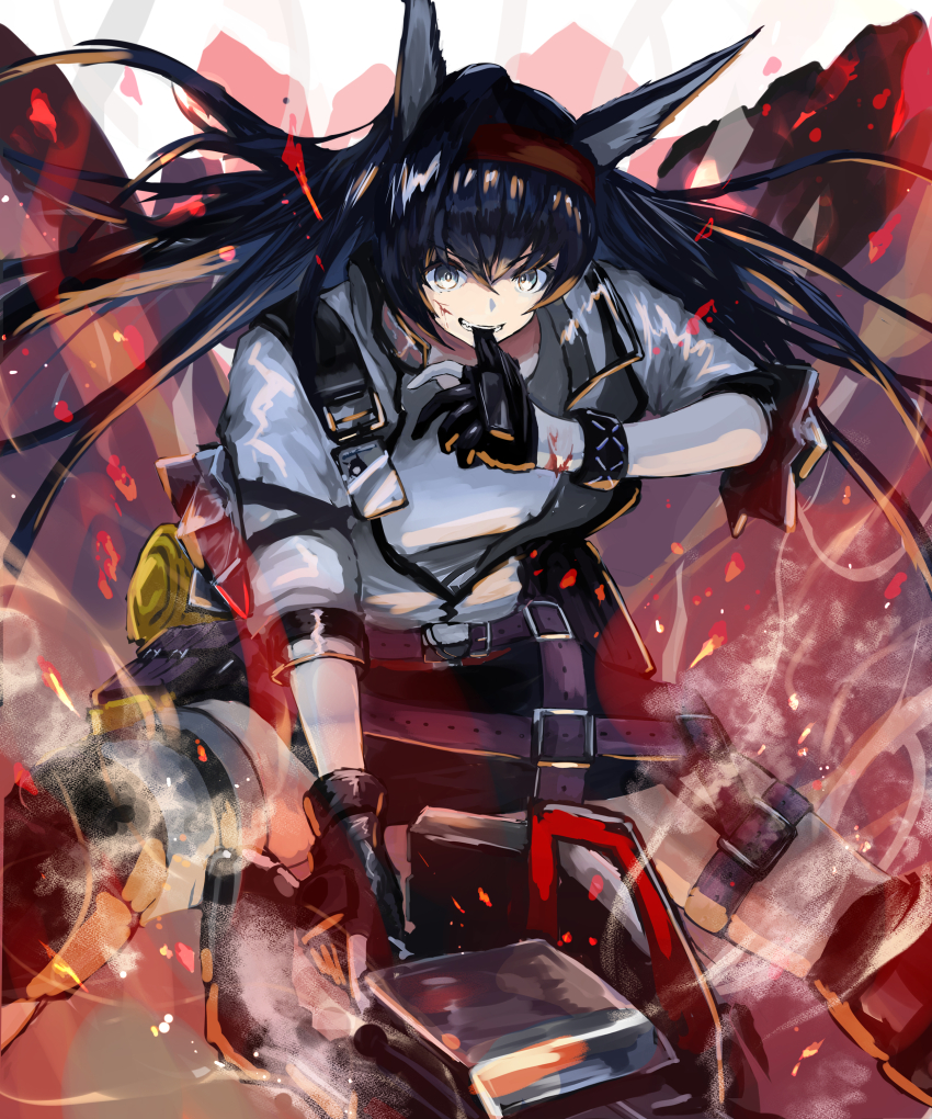 1girl absurdres animal_ears arknights biting biting_glove black_gloves black_hair blaze_(arknights) blood blood_on_face brown_hairband commentary dmno#0 embers floating_hair gloves grey_eyes hair_between_eyes hairband highres holding infection_monitor_(arknights) long_hair looking_at_viewer partially_fingerless_gloves shirt single_hair_intake solo standing steam white_shirt