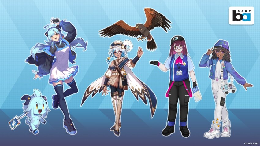 1other 2023 4girls ahoge badge bay_area_rapid_transit bird black_footwear black_gloves black_headwear black_pants black_shirt black_thighhighs blue_background blue_hair blue_vest breasts brown_eyes brown_hair cape cellphone collared_shirt commentary copyright_notice dark-skinned_female dark_skin dress eagle english_commentary floral_print full_body gloves hair_between_eyes head_tilt highres holding holding_phone julie_(rolleybun) long_hair long_sleeves looking_at_viewer medium_breasts medium_hair multiple_girls niaro open_mouth pants phone pinafore_dress print_pants puffy_long_sleeves puffy_sleeves purple_eyes purple_hair purple_headwear shirt shoes short_sleeves simple_background sleeveless sleeveless_dress small_breasts smartphone sneakers suspenders teeth thighhighs tofuubuns upper_teeth_only vest white_dress white_footwear white_hair white_pants yellow_eyes yokura_(yukilina)