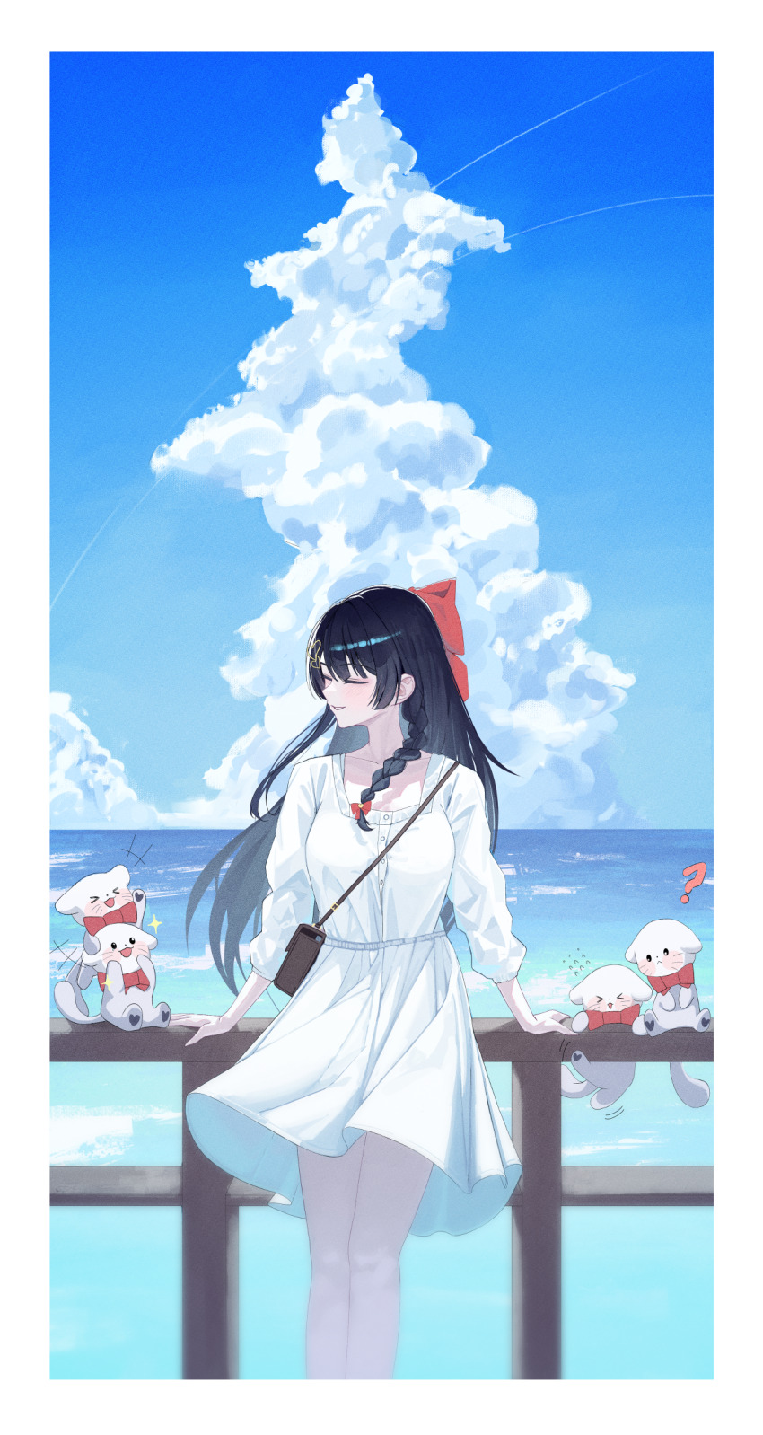 1girl against_railing bag black_hair blue_sky border bow braid closed_eyes cloud collarbone commentary day dress feet_out_of_frame floating_hair haedungi_(shirayuki_hina) hair_bow hair_ornament hair_over_shoulder heart heart_hair_ornament highres long_hair long_sleeves medium_dress nyo2_ng ocean outdoors parted_lips railing red_bow shirayuki_hina shoulder_bag side_braid sidelocks sky smile standing stellive straight_hair virtual_youtuber white_border white_dress