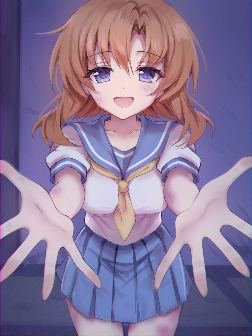 1girl absurdres blue_eyes blue_sailor_collar blue_skirt breasts bruise collarbone commentary_request highres higurashi_no_naku_koro_ni indoors injury looking_at_viewer neckerchief nyako_(x_nyako_x) onikakushi-hen open_mouth orange_hair outstretched_arms pleated_skirt ryuuguu_rena sailor_collar school_uniform serafuku shirt short_hair short_sleeves skirt smile solo white_shirt yellow_neckerchief