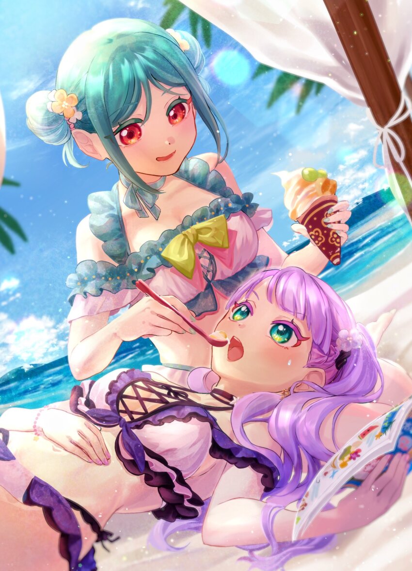 2girls beach bikini blue_hair book bow bracelet breasts cleavage eating flower food frilled_skirt frills from_side hair_bun hair_flower hair_ornament highres ice_cream jewelry lap_pillow long_hair looking_at_another love_live! love_live!_superstar!! magazine_(object) multiple_girls nail_polish ocean off_shoulder onitsuka_tomari open_mouth orange_hair outdoors palm_tree purple_hair red_eyes sand skirt swimsuit thighs tree tsubaki_no_shioyaki water wavy_hair wien_margarete