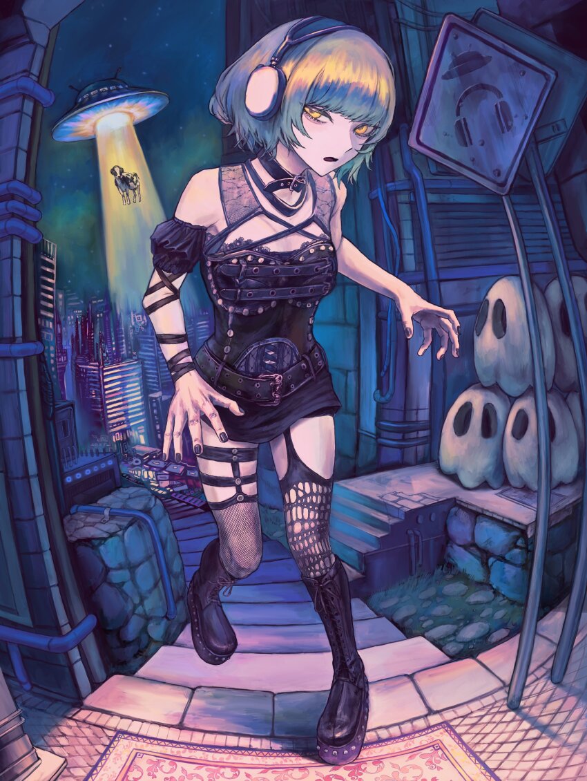 1girl absurdres aqua_hair arm_strap bare_shoulders belt black_belt black_boots black_choker black_dress black_frills black_nails blunt_bangs boots breasts carpet choker cityscape commentary cow dress english_commentary eyeshadow fisheye fishnet_thighhighs fishnets flying full_body goth_fashion headphones highres knee_boots looking_at_viewer lui_n24 makeup multiple_thigh_straps night night_sky open_mouth original outdoors road_sign short_hair sign sky small_breasts solo standing standing_on_one_leg star_(sky) starry_sky studded_dress thighhighs torn_clothes torn_thighhighs ufo yellow_eyes