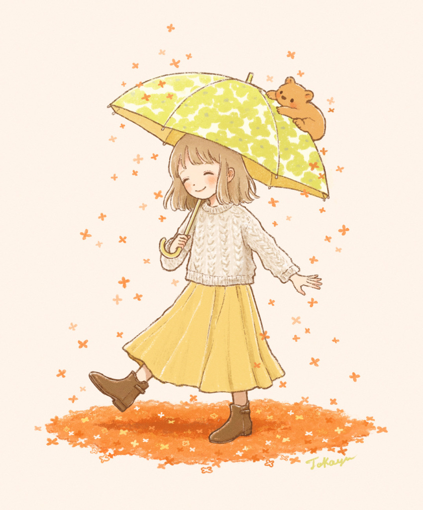 1girl ^_^ animal artist_name autumn autumn_leaves brown_footwear cable_knit closed_eyes falling_leaves floral_print happy highres leaf light_brown_hair long_sleeves original osmanthus shoes short_hair simple_background skirt smile standing standing_on_one_leg sweater tokoyu two-tone_umbrella umbrella white_background white_sweater white_umbrella yellow_skirt yellow_umbrella