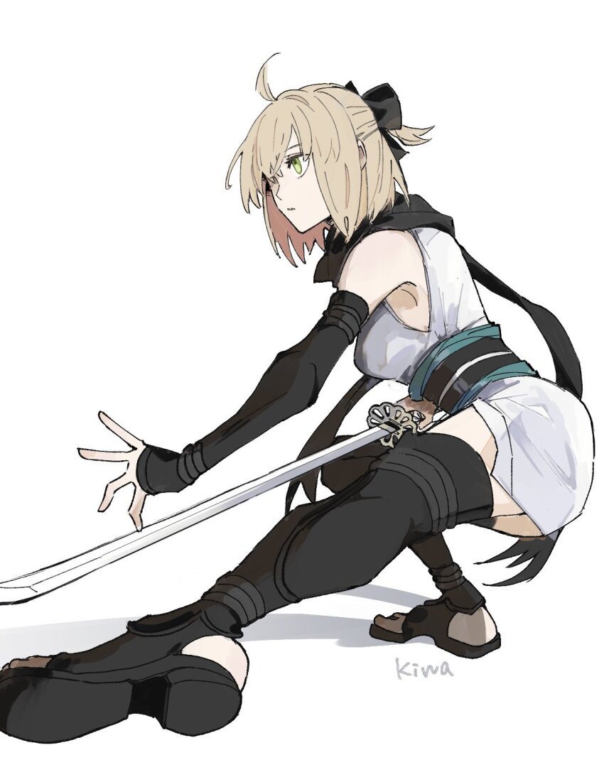 1girl ahoge armpits ass bare_shoulders black_scarf blonde_hair bow breasts closed_mouth detached_sleeves fate/grand_order fate_(series) full_body green_eyes hair_bow highres holding holding_sword holding_weapon japanese_clothes katana ki_wa001 koha-ace medium_breasts okita_souji_(fate) okita_souji_(koha-ace) scarf shinsengumi short_hair simple_background solo sword thighs twitter_username type-moon weapon white_background