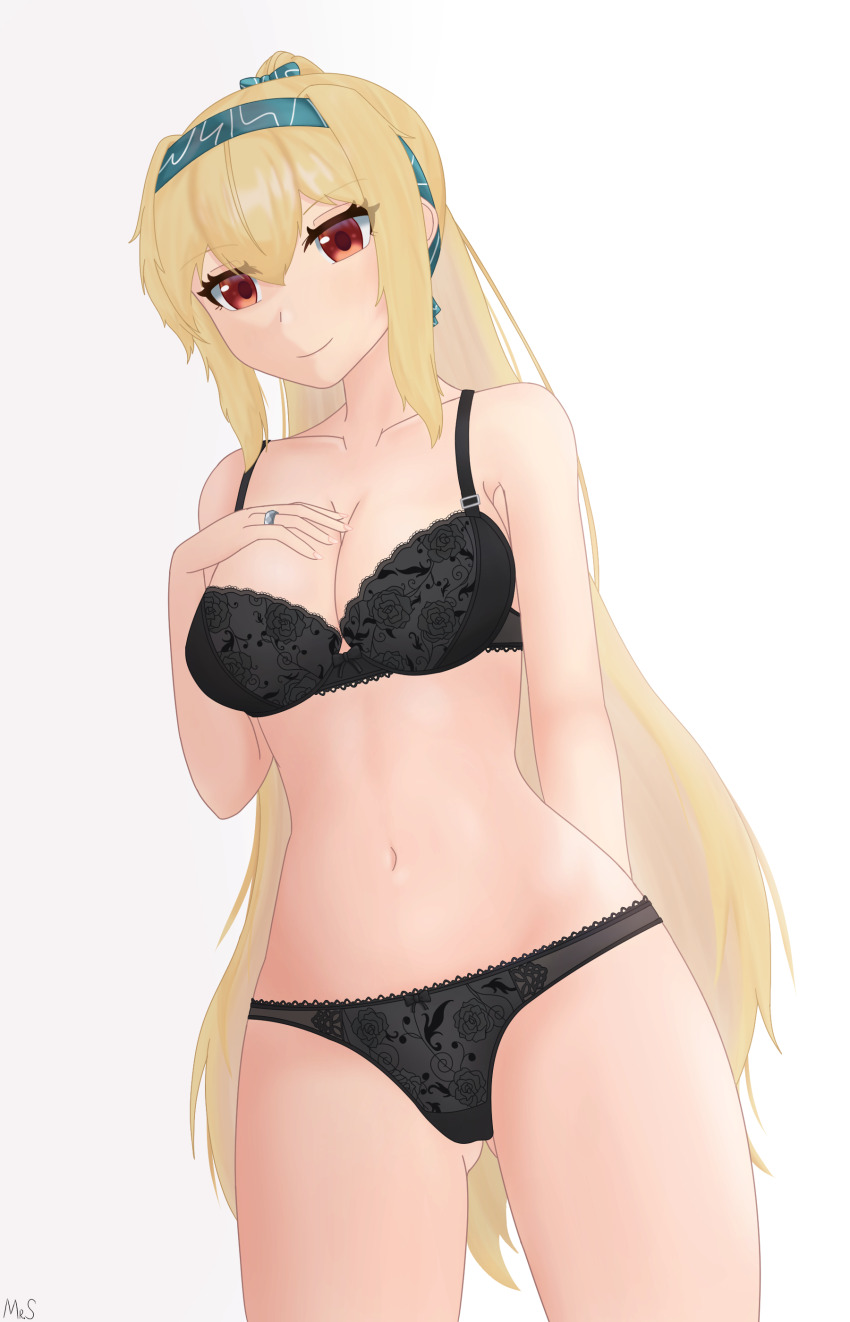 1girl absurdres blonde_hair bra breasts cleavage girls&#039;_frontline gluteal_fold green_hairband green_ribbon hairband hand_on_own_chest highres jewelry lace lace-trimmed_bra lace-trimmed_panties lace_trim lingerie long_hair looking_at_viewer medium_breasts mr.something panties red_eyes ribbon ring solo sv-98_(girls&#039;_frontline) underwear