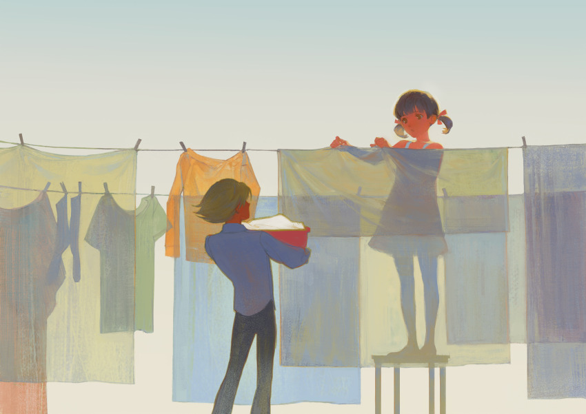 1boy 1girl absurdres bare_arms black_pants blonde_hair clothes_hanger clothes_pin creamyghost day doujima_nanako dress hair_ribbon highres holding holding_towel kuma_(persona_4) long_sleeves outdoors pants persona persona_4 ribbon shirt shoes short_hair short_twintails sky socks standing t-shirt table towel twintails white_dress white_shirt