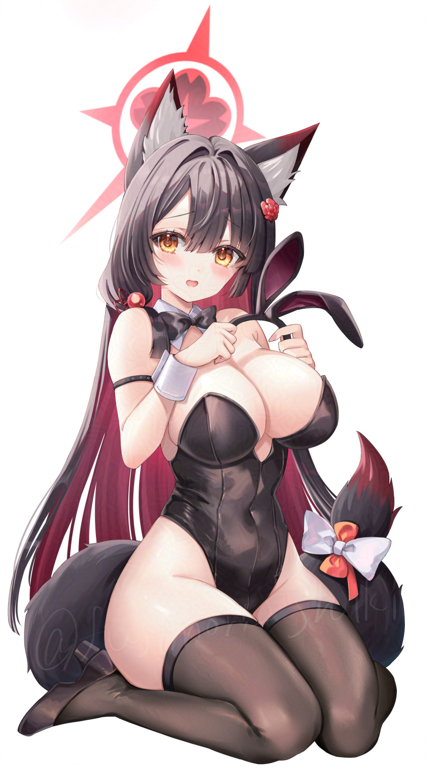 1girl absurdres alternate_costume animal_ears arm_strap bare_shoulders black_hair black_leotard black_shoes blue_archive bow bowtie breasts brown_thighhighs cleavage colored_inner_hair covered_navel detached_collar fake_animal_ears fox_ears fox_girl fox_tail fujimori_shiki hairband halo highleg highleg_leotard highres holding_hairband large_breasts leotard long_hair looking_at_viewer multicolored_hair open_mouth orange_eyes playboy_bunny rabbit_ears red_hair shoes simple_background sitting solo strapless strapless_leotard tail thighhighs thighs unworn_hairband very_long_hair wakamo_(blue_archive) wariza white_background