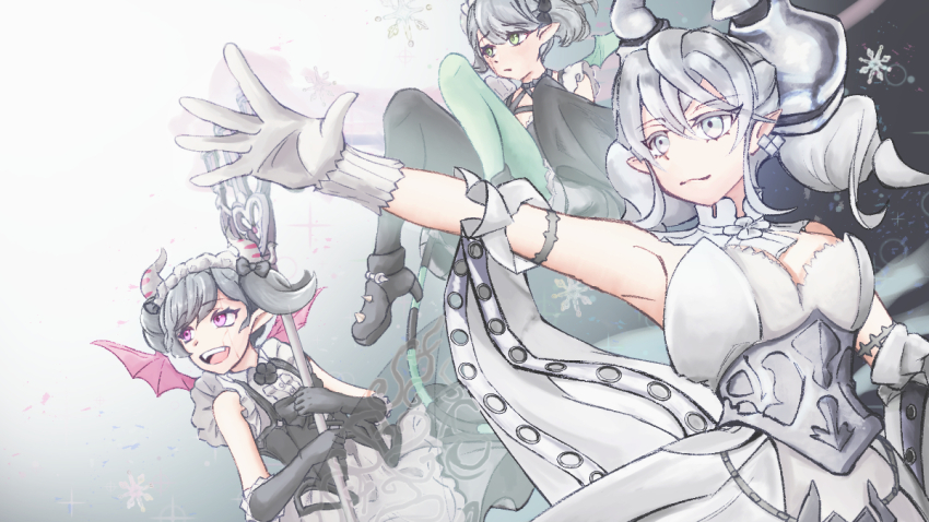 3girls apron arianna_the_labrynth_servant arianne_the_labrynth_servant arm_up armlet armpits asymmetrical_legwear black_boots black_gloves boots breasts candle candlestand closed_mouth demon_girl demon_horns demon_tail demon_wings dress drill_hair duel_monster earrings frilled_apron frilled_sleeves frills gloves green_eyes grey_corset grey_eyes grey_hair holding holding_candlestand holding_weapon horns jewelry large_breasts lovely_labrynth_of_the_silver_castle maid maid_apron maid_headdress makitekka multiple_girls open_mouth pink_eyes pink_wings pointy_ears sleeveless sleeveless_dress smile tail twin_drills twintails weapon white_dress white_gloves wings yu-gi-oh!