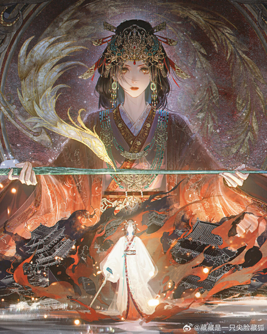 2girls architecture bird black_hair bow character_request chinese_clothes chinese_commentary closed_mouth commentary_request cropped crown earrings east_asian_architecture expressionless faceless faceless_female fire forehead_jewel gem gold_crown hair_bow hanfu highres holding holding_sword holding_weapon jewelry light_particles lipstick long_hair long_sleeves makeup mini_person minigirl multiple_girls multiple_hair_bows necklace nikki_(series) phoenix pink_hanfu red_gemstone red_lips red_robe robe shining_nikki size_difference straight-on sword town upper_body walking watermark weapon weibo_watermark white_hanfu wide_sleeves yellow_eyes zangzang_shi_yi_zhi_jianlian_zanghu