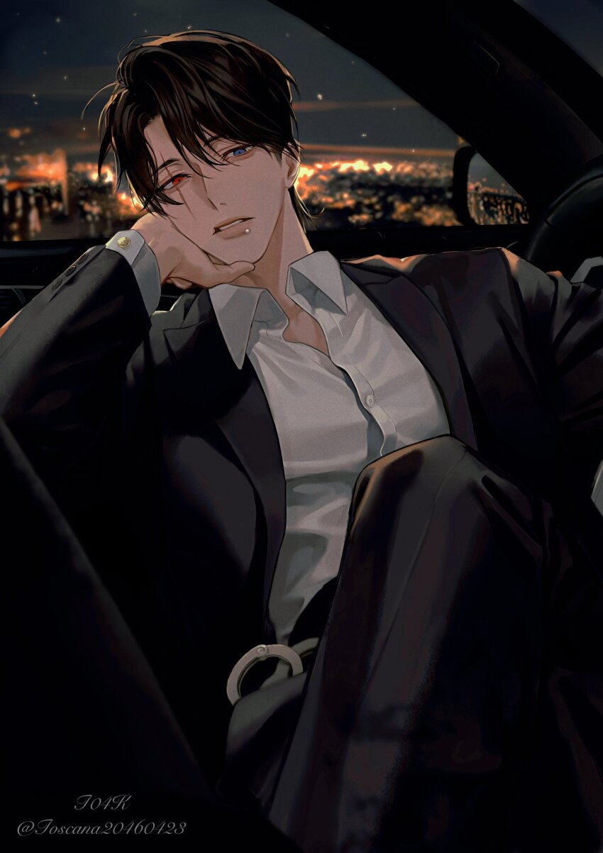 1boy black_hair black_jacket black_pants blue_eyes blurry blurry_background car_interior city city_lights commentary cuffs english_commentary hair_between_eyes hand_on_own_cheek hand_on_own_face handcuffs highres jacket knee_up light_particles looking_to_the_side male_focus mouth_piercing night night_sky original pants parted_lips red_eyes scar scar_across_eye scar_across_eyebrow scar_on_face shirt short_hair sitting sky solo teeth thick_lips toscana20460423 upper_body white_shirt