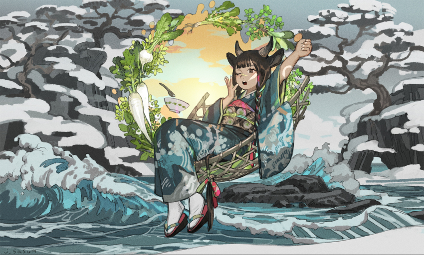 1girl animal_ears arm_up artist_name basket blue_background blue_kimono body_markings bowl braid brown_eyes brown_hair brown_horns chinese_spoon chinese_zodiac cloud cow_ears cow_girl cow_horns cow_tail daikon dark-skinned_male dark_skin food full_body grey_socks hand_up horns japanese_clothes kimono long_hair long_sleeves looking_at_viewer obi obiage obijime one_eye_closed open_mouth original outdoors radish ribbon ribbon_braid rock sandals sash sasumata_jirou sitting snow socks solo spoon stretching tabi tail tail_ornament tail_ribbon teardrop tree twin_braids twitter_username vegetable water waves wide_sleeves yawning year_of_the_ox zouri