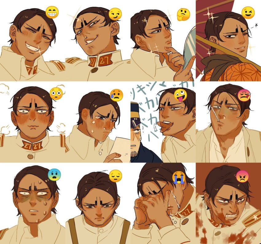 1boy @_@ angry black_eyes blood blood_on_clothes blood_on_face blush brown_hair chengongzi123 clenched_teeth closed_eyes collared_coat collared_jacket constricted_pupils crying crying_with_eyes_open dark-skinned_male dark_skin emoji expression_chart facing_viewer flustered golden_kamuy grin hand_on_own_chin hands_on_own_face hat highres holding holding_mirror holding_umbrella jacket japanese_clothes kimono koito_otonoshin looking_at_object looking_at_viewer looking_back male_focus military_hat military_uniform mirror mouth_hold multiple_views oil-paper_umbrella one_eye_closed orange_kimono portrait puff_of_air red_eyes short_hair sick smile smug snot sparkle sparkling_aura sweat tears teeth thinking tongue tongue_out tsukishima_hajime umbrella umbrella_over_shoulder