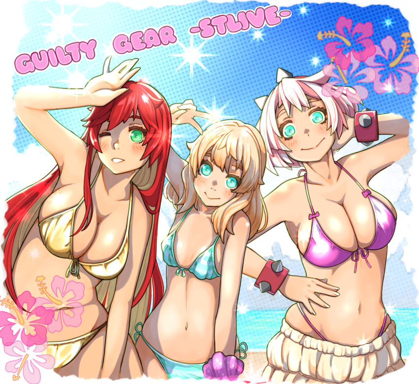 3girls aqua_bikini aqua_eyes arm_up beach ben-day_dots bikini blonde_hair blue_sky blush bracelet breasts bridget_(guilty_gear) cleavage colored_inner_hair commentary copyright_name day elphelt_valentine english_commentary english_text engrish_text flower_symbol front-tie_bikini_top front-tie_top genderswap genderswap_(mtf) green_eyes guilty_gear guilty_gear_strive hand_on_own_hip highres jack-o&#039;_valentine jewelry large_breasts long_hair looking_at_viewer multicolored_hair multiple_girls navel ocean one_eye_closed outdoors pink_bikini pink_hair polka_dot polka_dot_background ranguage red_hair screentones shiny_clothes short_hair side-tie_bikini_bottom skindentation sky small_breasts smile spiked_bracelet spikes sugajyun swimsuit teeth two-tone_hair upper_body v very_long_hair yellow_bikini