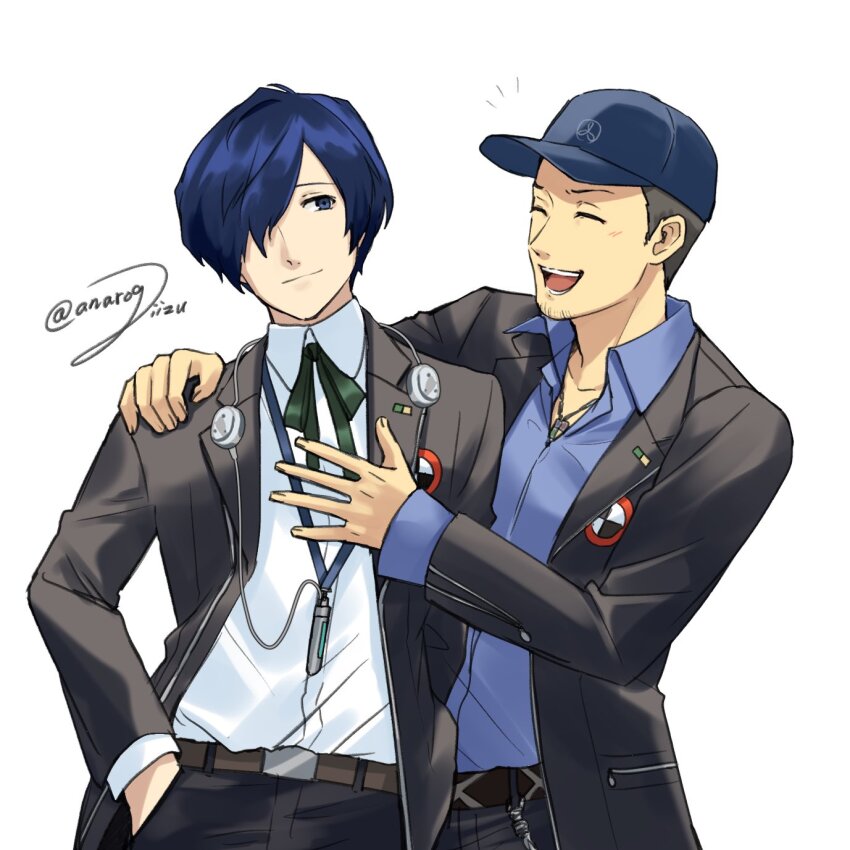 2boys anarogiizu arm_around_shoulder baseball_cap belt black_hair black_jacket black_pants black_ribbon blue_eyes blue_hair blue_hat blue_shirt brown_belt brown_hair closed_eyes closed_mouth collared_shirt digital_media_player facial_hair gekkoukan_high_school_uniform goatee_stubble hair_over_one_eye hand_in_pocket hat headphones highres iori_junpei jacket jewelry light_smile long_sleeves looking_at_another male_focus multiple_boys neck_ribbon necklace notice_lines open_mouth pants persona persona_3 ribbon school_uniform shirt shirt_tucked_in short_hair signature simple_background smile solo stubble white_background white_shirt yuuki_makoto_(persona_3)