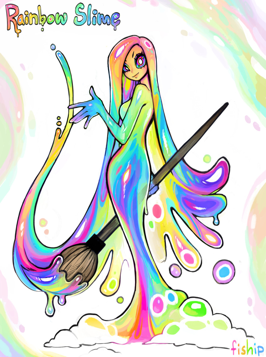1girl \||/ absurdres artist_name blue_sclera colored_sclera colorful commentary english_commentary english_text highres light_smile long_hair looking_at_viewer matilda_fiship monster_girl original paintbrush purple_eyes rainbow simple_background slime_girl solo very_long_hair white_background