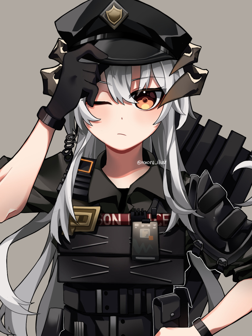 1girl adjusting_clothes adjusting_headwear arknights belt_pouch black_gloves black_hat black_shirt bulletproof_vest closed_mouth collared_shirt commentary dragon_horns english_commentary gloves grey_background hair_between_eyes hand_on_own_hip hat highres horns id_card long_hair looking_at_viewer nanoru/shai official_alternate_costume one_eye_closed orange_eyes police_hat pouch saria_(arknights) saria_(the_law)_(arknights) shield shirt silver_hair simple_background sleeves_rolled_up solo upper_body walkie-talkie