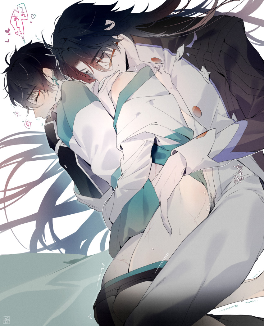 2boys anal arm_up blade_(honkai:_star_rail) bottomless closed_eyes closed_mouth commentary_request dan_heng_(honkai:_star_rail) earrings feet_out_of_frame floating_hair gloves hand_on_another&#039;s_hip heart highres honkai:_star_rail honkai_(series) jasminetee jewelry long_hair male_focus male_penetrated male_pubic_hair male_underwear male_underwear_pull multiple_boys open_pants pants piercing pubic_hair red_eyes sex single_bare_shoulder sleeve_cuffs smile speech_bubble tassel tassel_earrings underwear very_long_hair yaoi