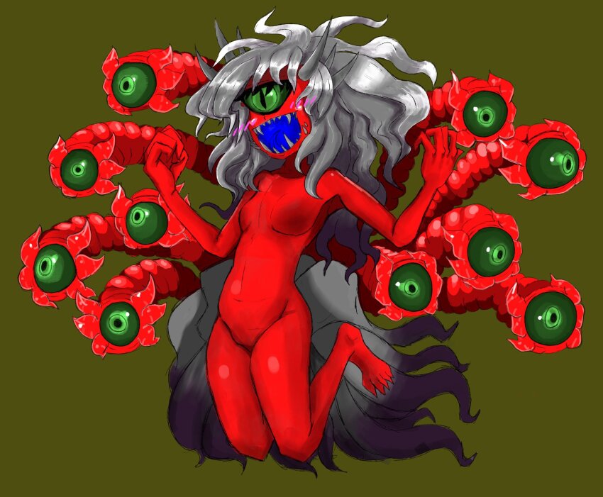 1girl :d altairlevega barefoot black_eyes blue_tongue breasts cacodemon colored_sclera colored_skin colored_tongue commentary crossover cyclops doom_(series) english_commentary extra_eyes floating fusion gazer_(monster_girl_encyclopedia) green_background green_sclera grey_hair hands_up highres horns large_tail long_hair medium_breasts monster_girl monster_girl_encyclopedia monster_girl_encyclopedia_ii no_pussy nude one-eyed open_mouth red_skin sharp_teeth smile spikes tail teeth tentacles toes