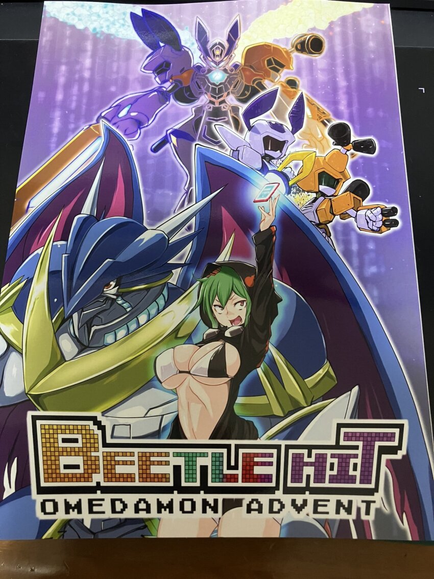 bikini bikini_top_only breasts digimon goggles goggles_around_neck highres hood hoodie medarot metabee omedamon rokusho_(medarot) shinomiya_rina swimsuit ulforcev-dramon